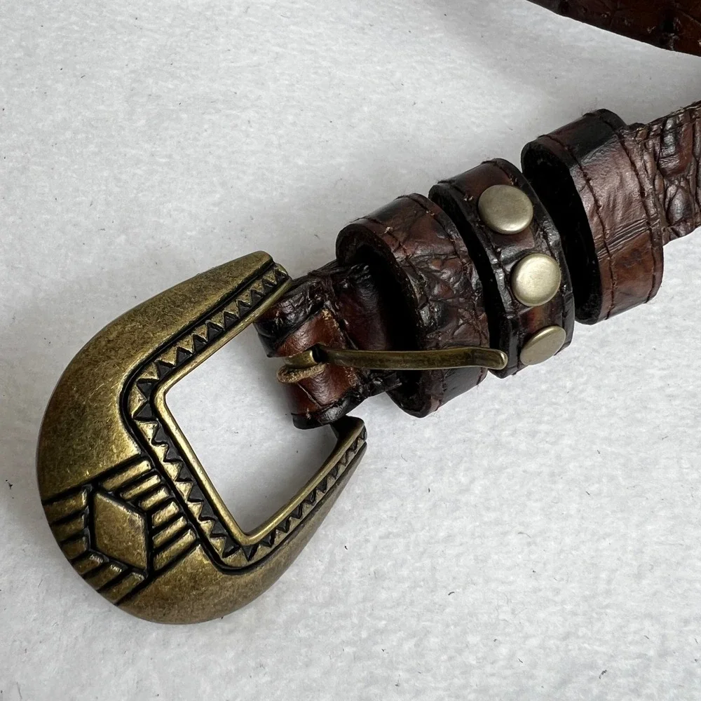 Lovestrength Brown Croc‎ Embossed Leather Western Belt Studded Brass Buckle P/S